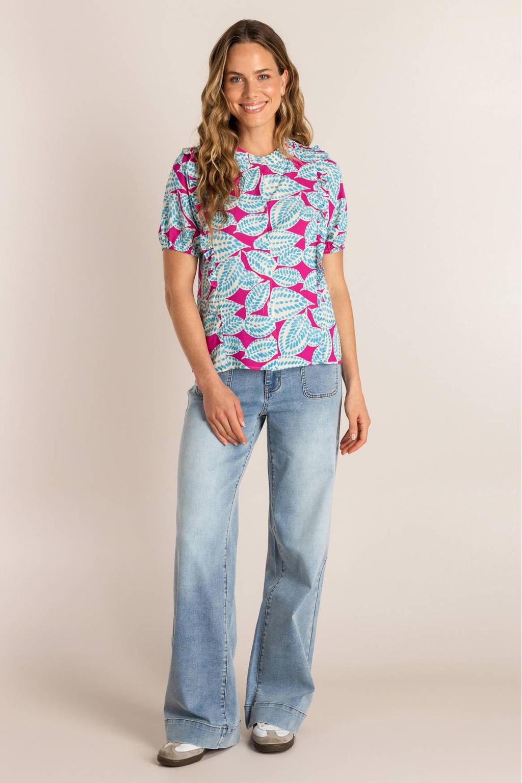Multikleurige dames Ivy Beau blouse van viscose met korte mouwen, mao kraag, knoopsluiting en ruches