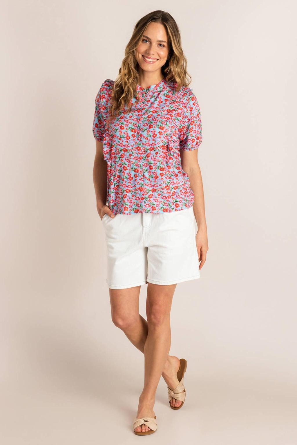 Multikleurige dames Ivy Beau gebloemde blouse van viscose met korte mouwen, mao kraag, knoopsluiting en ruches