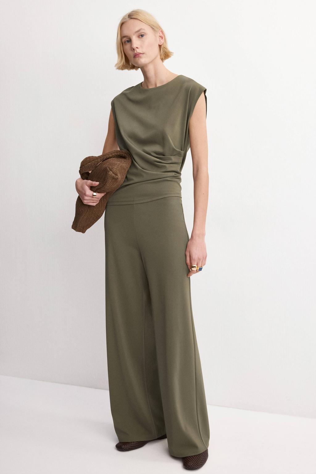 Kakikleurige dames Mango straight high waist casual broek van viscose met elastische tailleband en effen