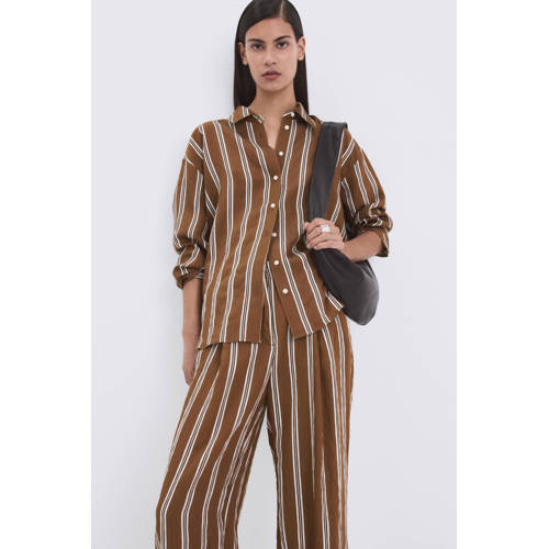 Mango straight regular waist gestreepte pantalon bruin afbeelding