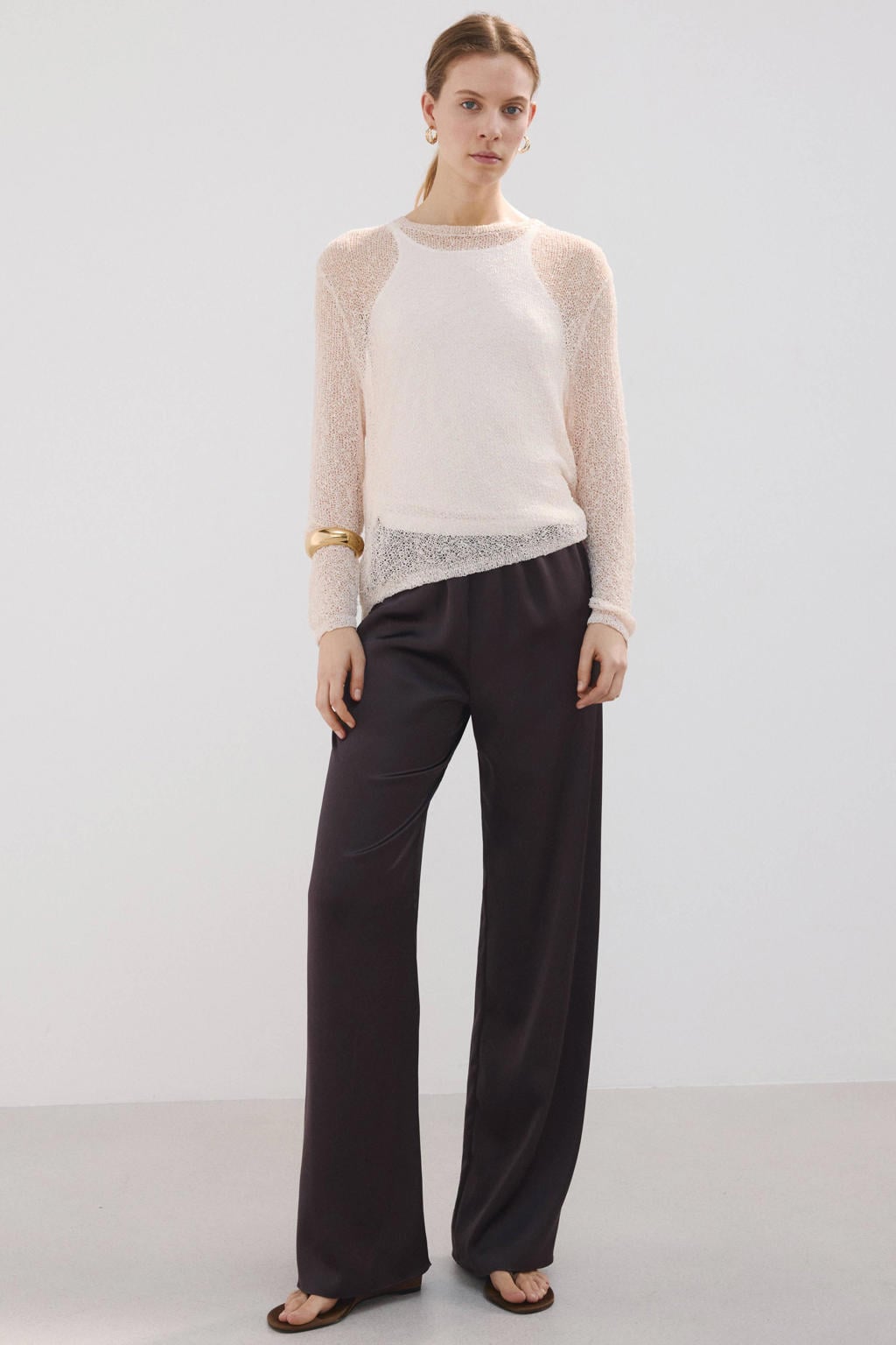 Donkerblauwe dames Mango broek straight van polyester met regular waist en effen