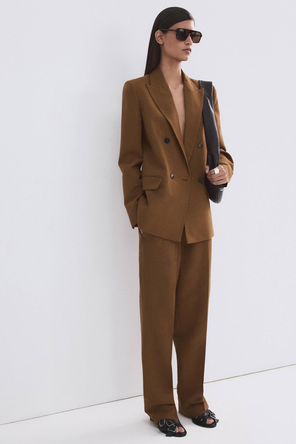 Bruine dames Mango regular waist pantalon van viscose met loose fit, elastische tailleband met koord en effen