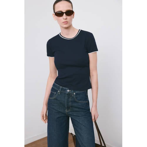 Mango T-shirt marineblauw rib gebreid afbeelding