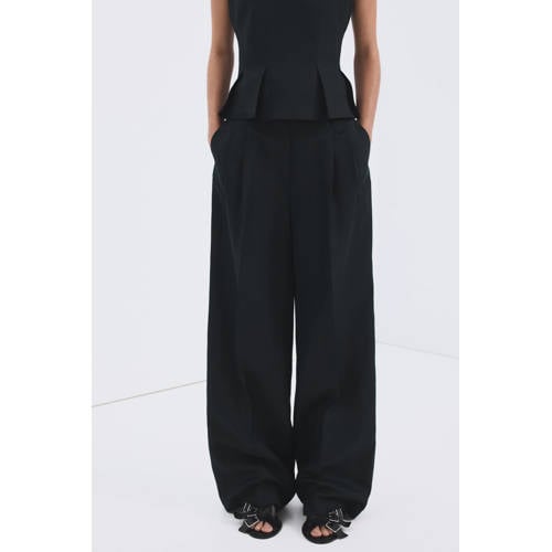 Mango high waist pantalon met linnen donkerblauw afbeelding