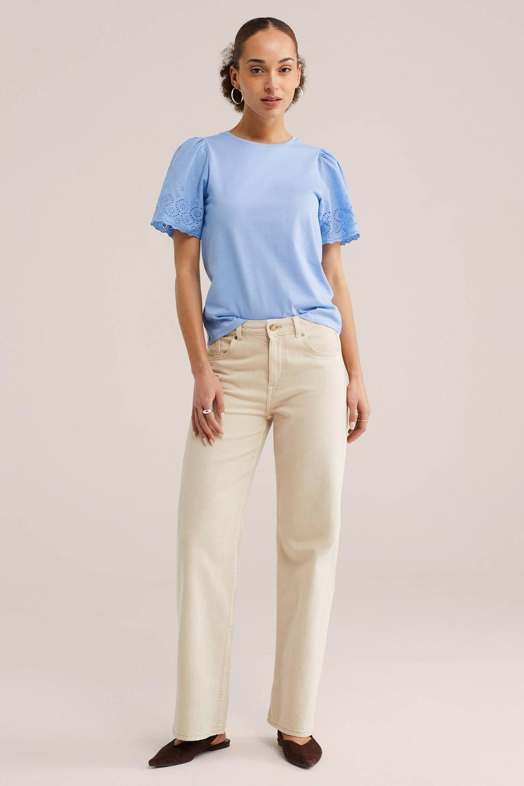 Lichtblauwe dames WE Fashion T-shirt broderie van katoen met effen, korte mouwen en ronde hals