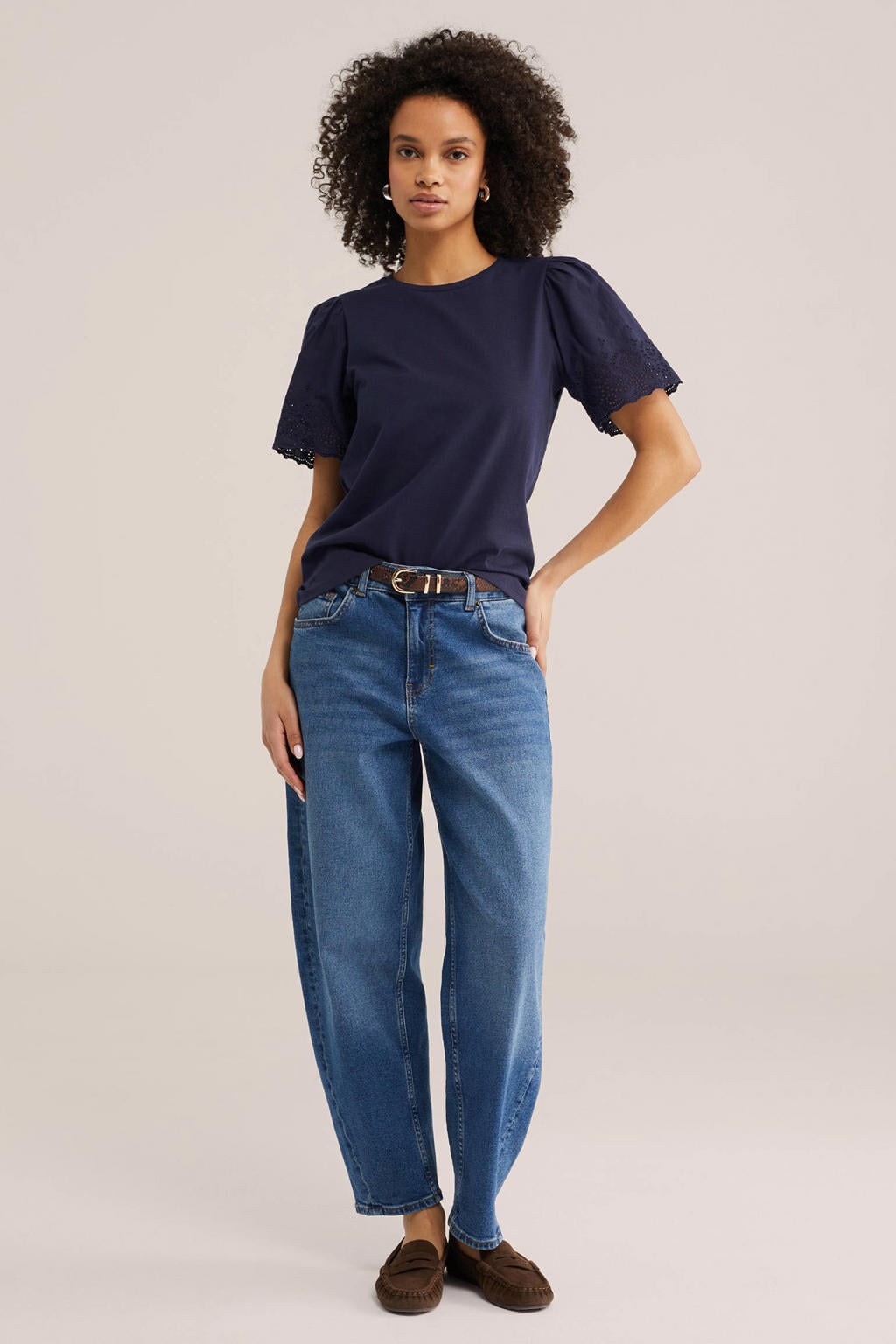 Donkerblauwe dames WE Fashion T-shirt broderie van katoen met effen, korte mouwen en ronde hals
