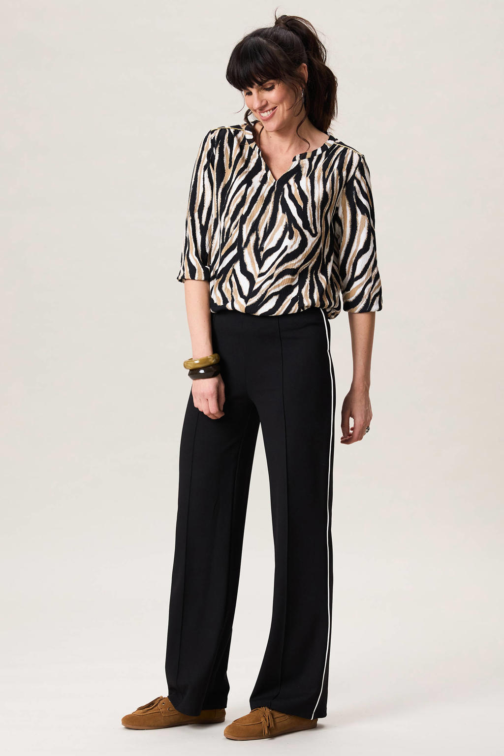 Zwarte dames Miss Etam top van polyester met driekwart mouwen en V-hals