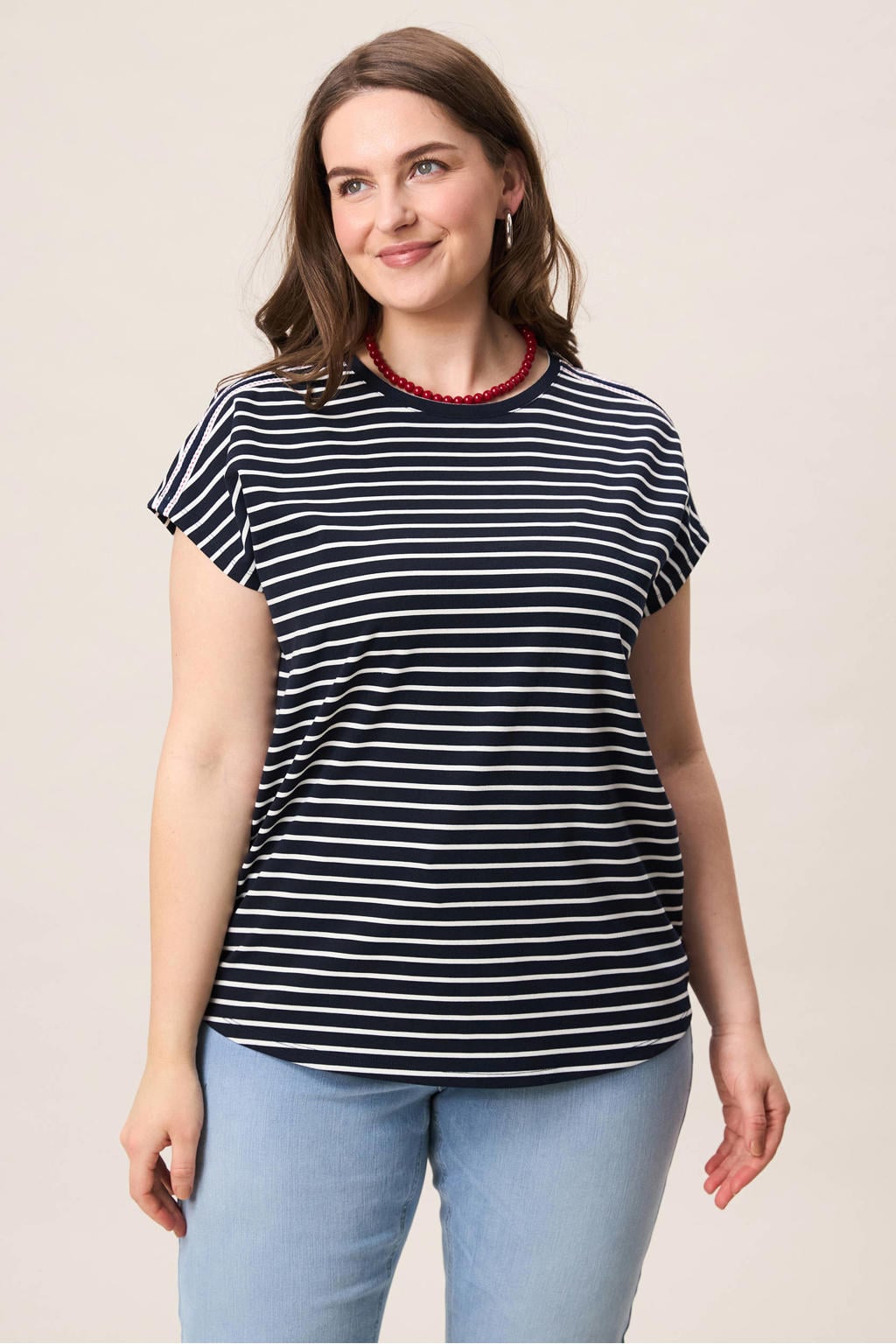 Donkerblauwe dames Miss Etam Plus gestreepte T-shirt van viscose met korte mouwen