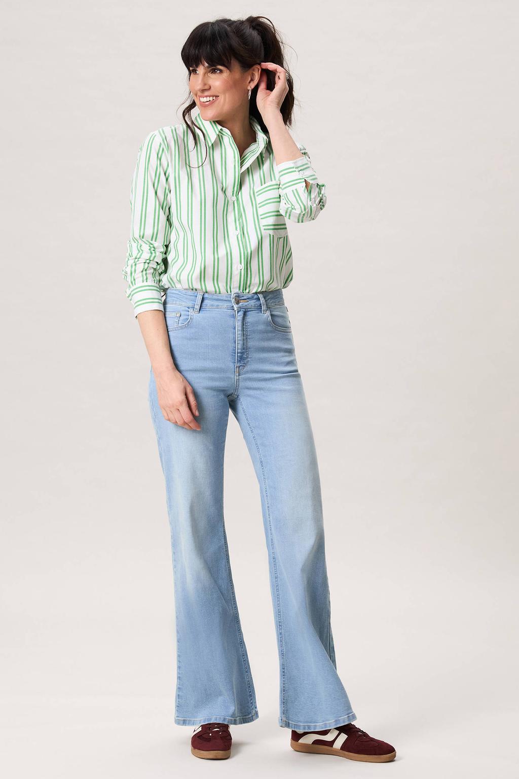 Light blue denim dames Miss Etam high waist wide leg jeans van katoen met rits- en knoopsluiting en effen