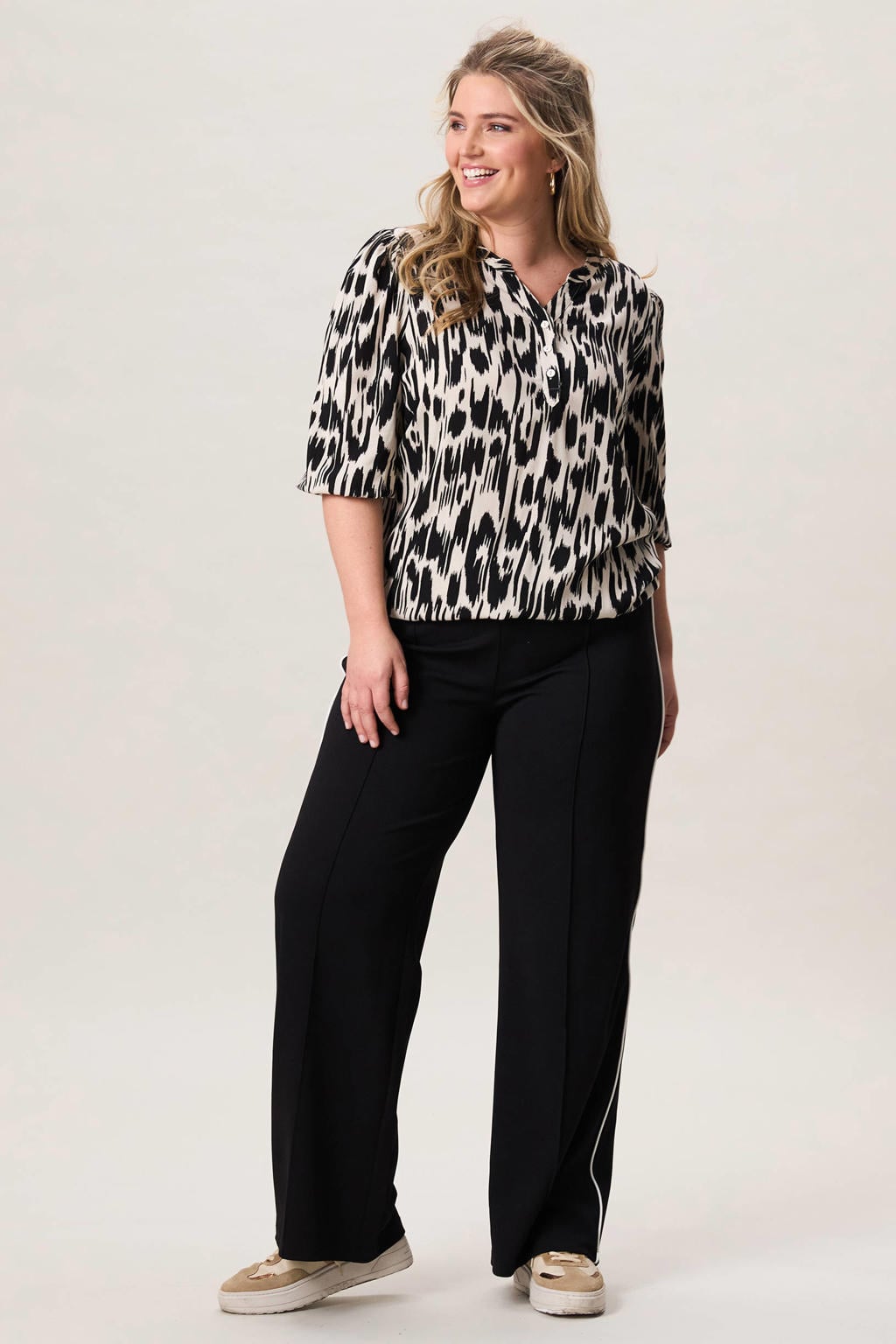 Zwarte dames Miss Etam Plus straight high waist broek van polyester met elastische tailleband en effen