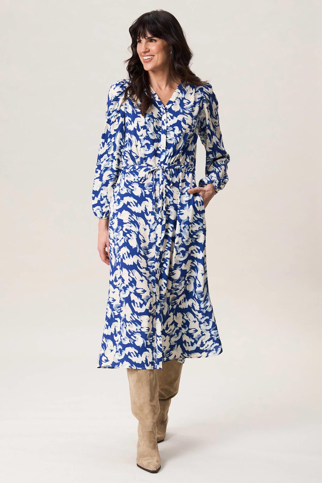 Blauwe dames Miss Etam blousejurk van viscose met paisley print, lange mouwen, V-hals en knoopsluiting