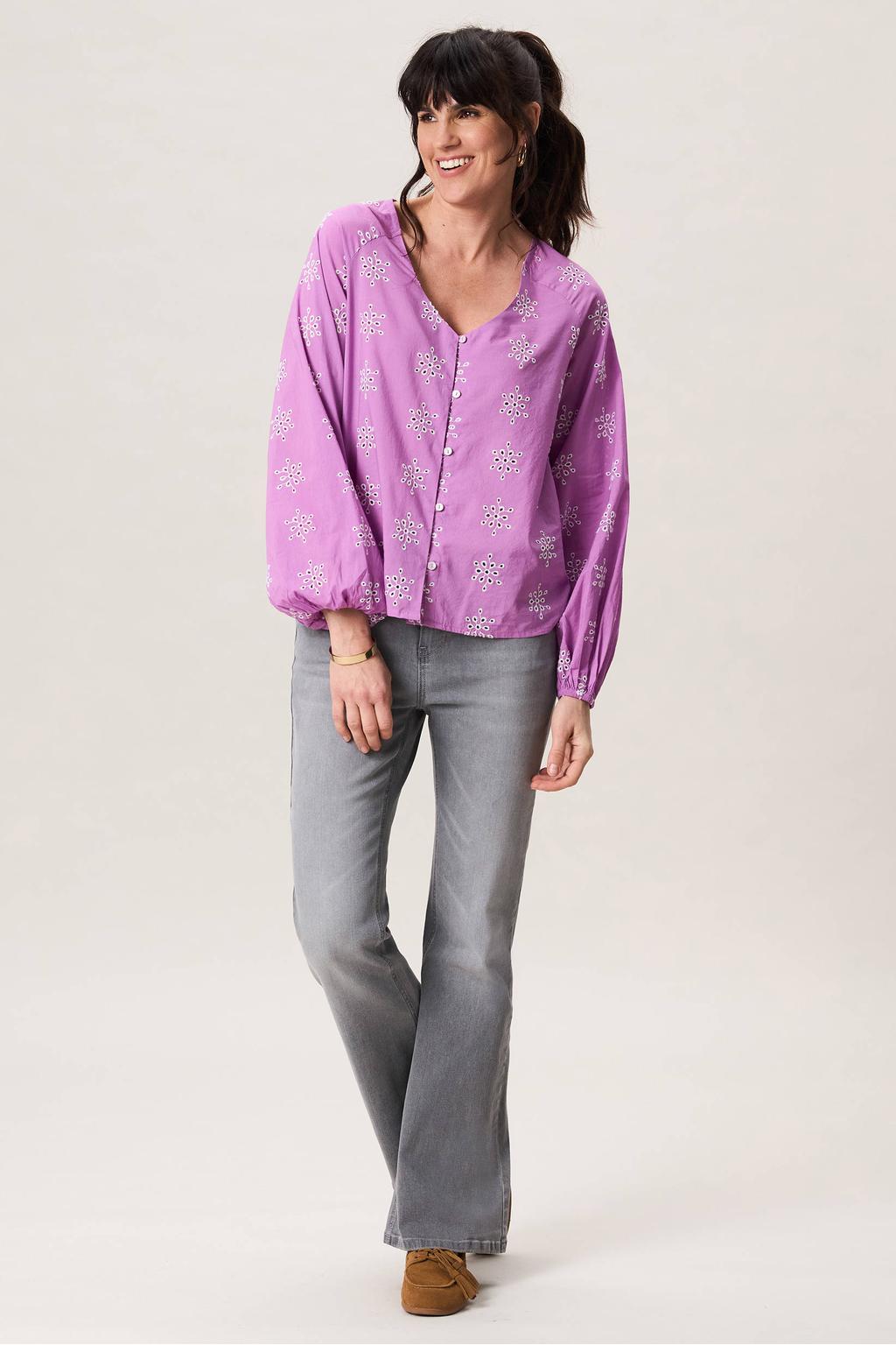 Lilakleurige dames Miss Etam blouse van katoen met lange mouwen, klassieke kraag en knoopsluiting