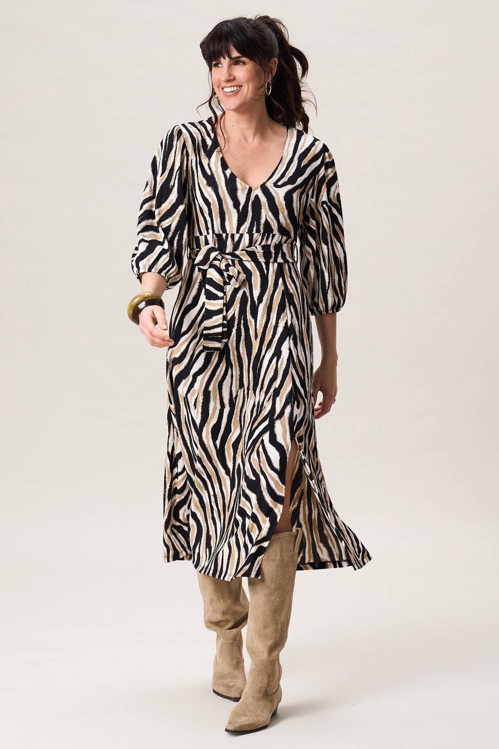 Zandkleurige dames Miss Etam midi jurk van polyester met driekwart mouwen en V-hals