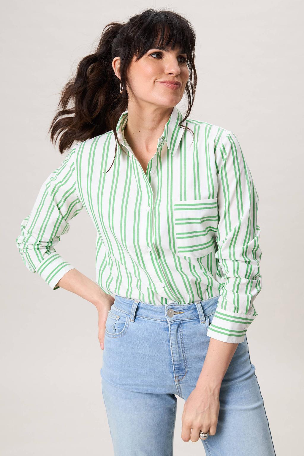 Groene dames Miss Etam gestreepte blouse van katoen met lange mouwen, klassieke kraag en knoopsluiting