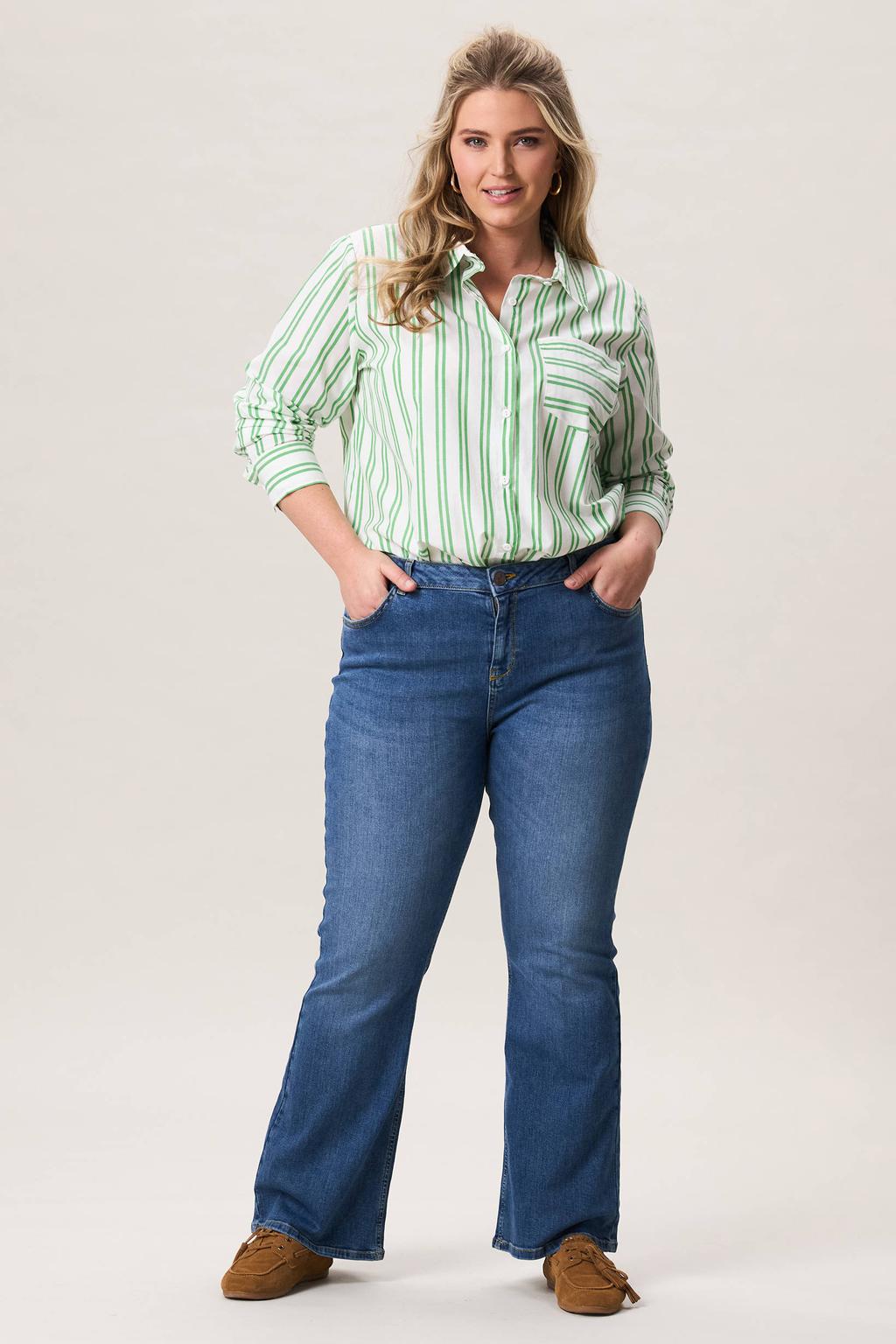Groene dames Miss Etam Plus gestreepte blouse van katoen met half lange mouwen, klassieke kraag en knoopsluiting