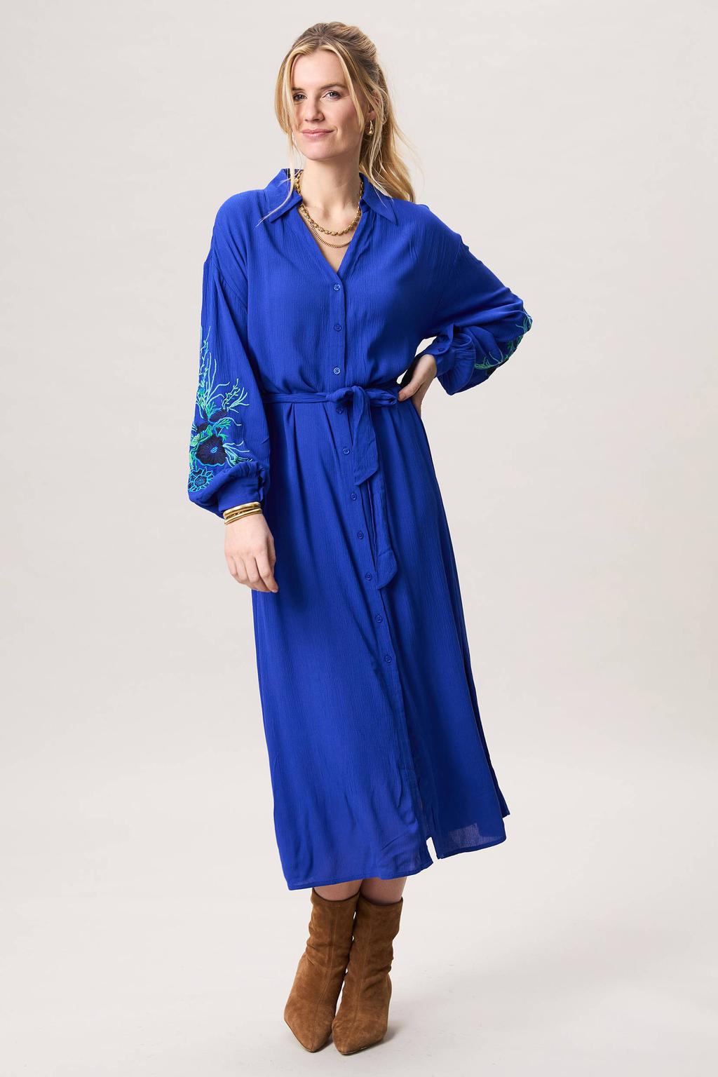 Blauwe dames Miss Etam blousejurk broderie van viscose met effen, lange mouwen, V-hals en knoopsluiting