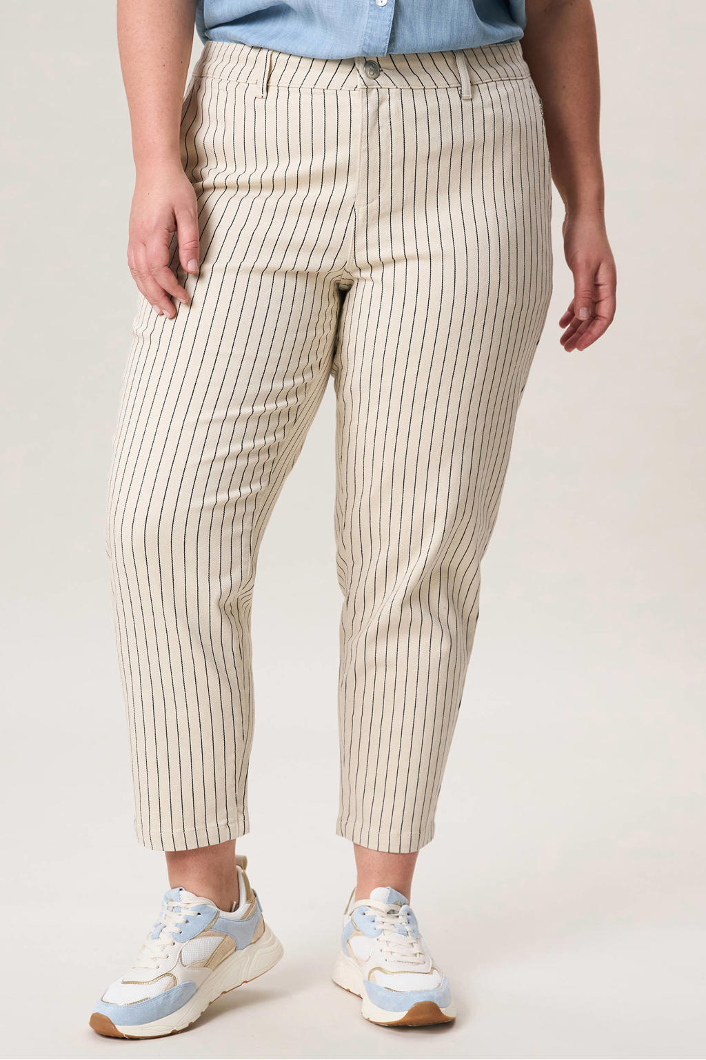 Crème dames Miss Etam Plus slim high waist gestreepte broek van katoen