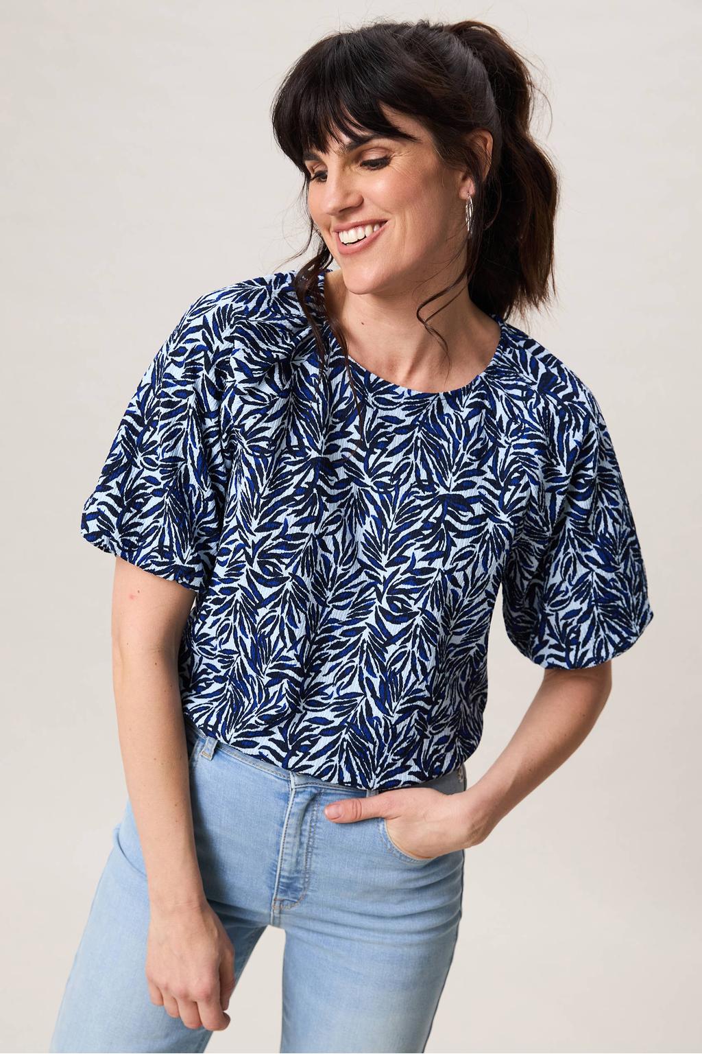 Blauwe dames Miss Etam gestreepte blousetop van polyester met korte mouwen en ronde hals