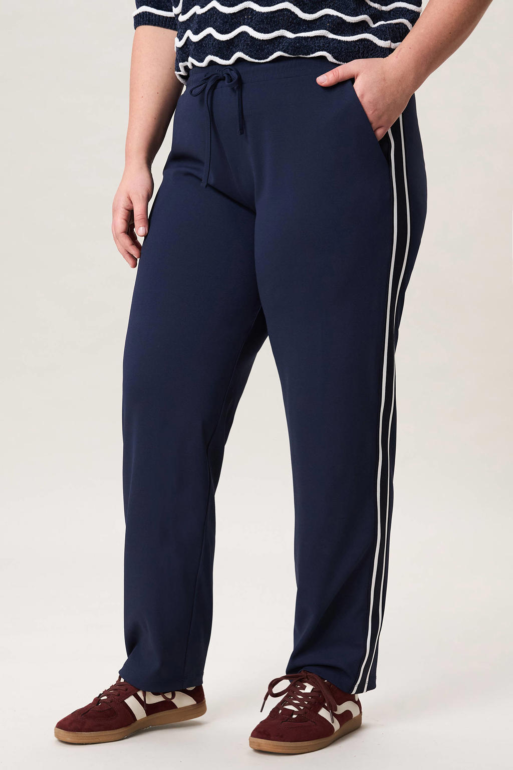 Donkerblauwe dames Miss Etam Plus straight regular waist gestreepte broek van polyester met elastische tailleband met koord