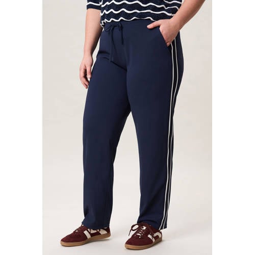 Miss Etam Plus straight regular waist gestreepte broek donkerblauw afbeelding