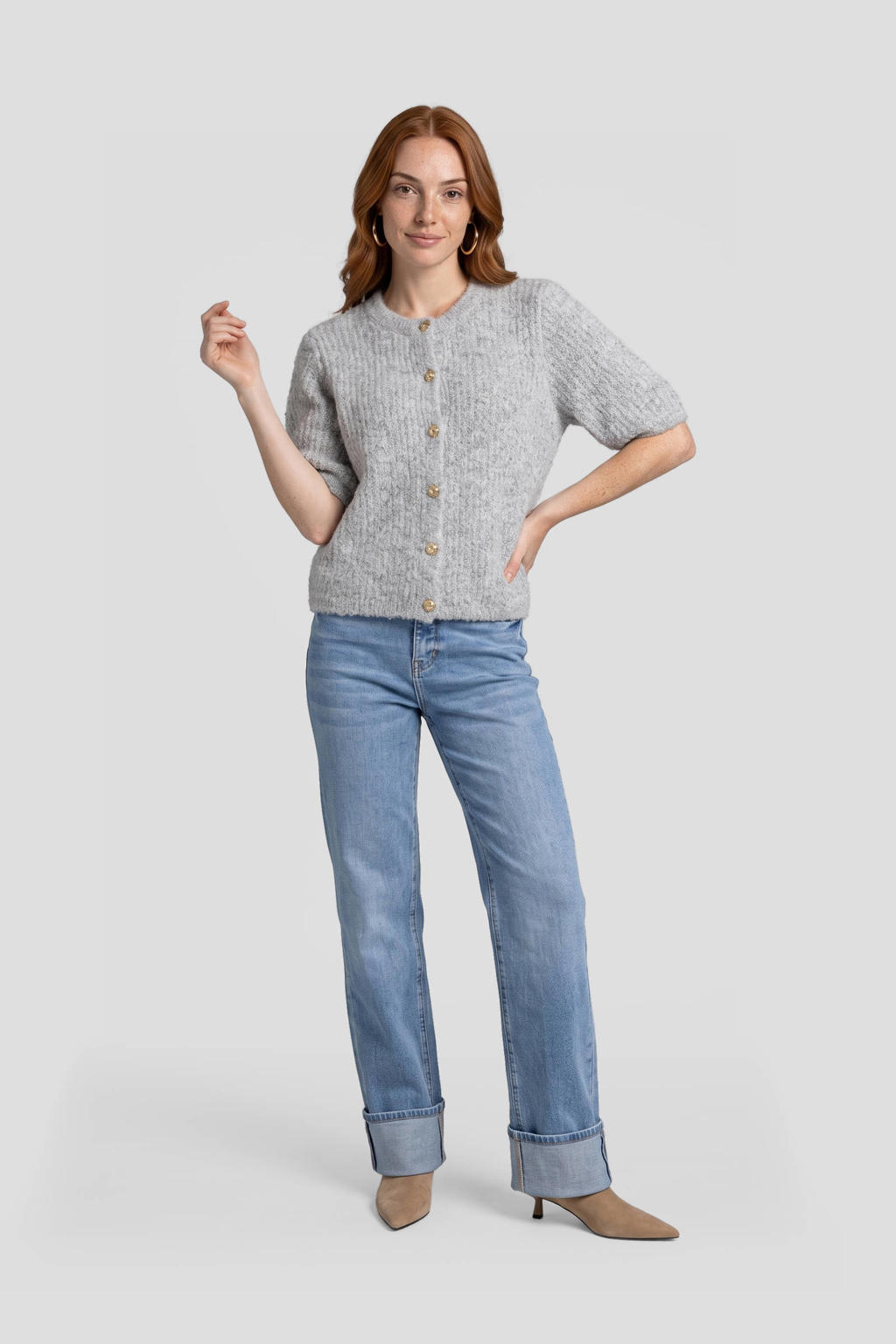Grijs melange dames Anytime gebreide vest melange met effen, lange mouwen, ronde hals en knoopsluiting