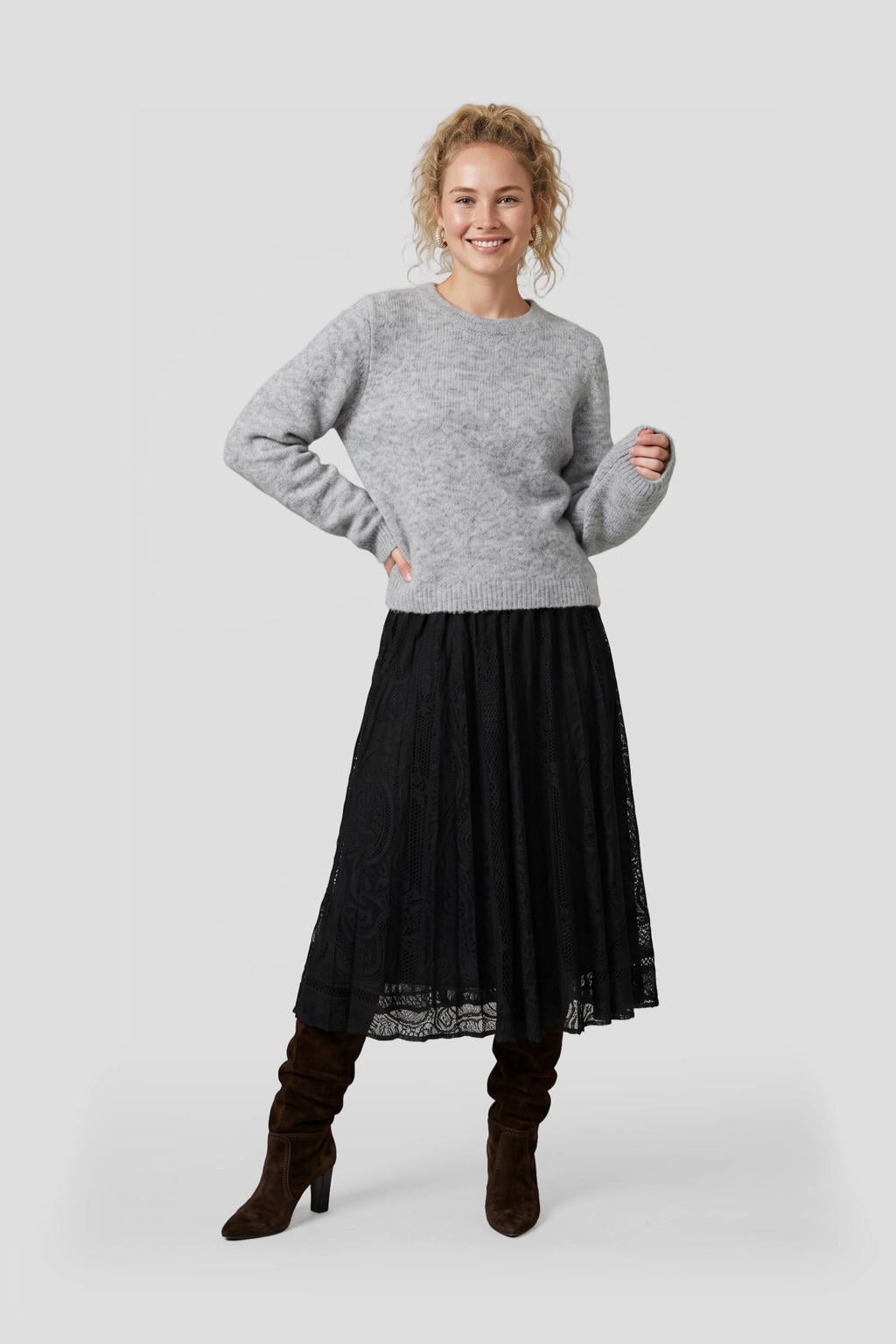 Grijs melange dames Anytime gebreide trui melange van polyester met effen, lange mouwen en ronde hals