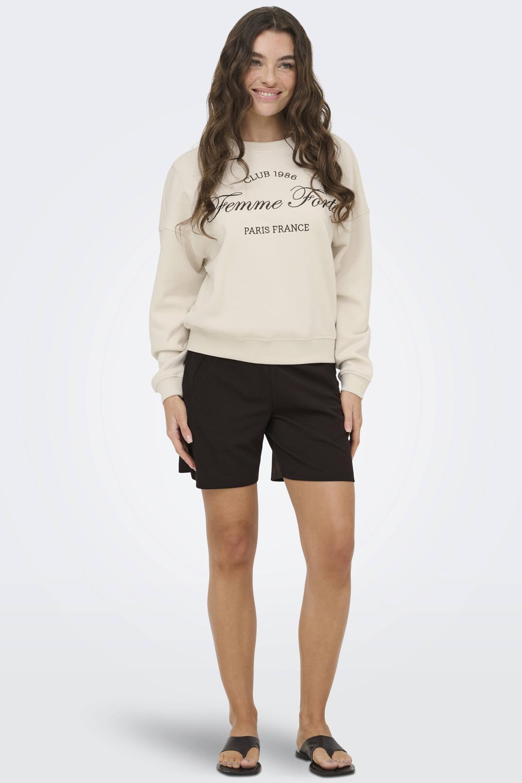 Beige dames JDY sweater met tekst print, lange mouwen, ronde hals en borduursels