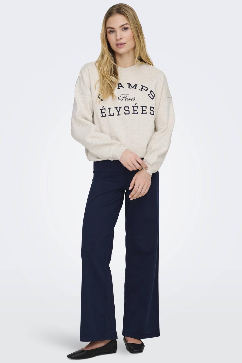 Grijsbruin, grijs en donkerblauwe dames JDY sweater met tekst print, lange mouwen, ronde hals en borduursels