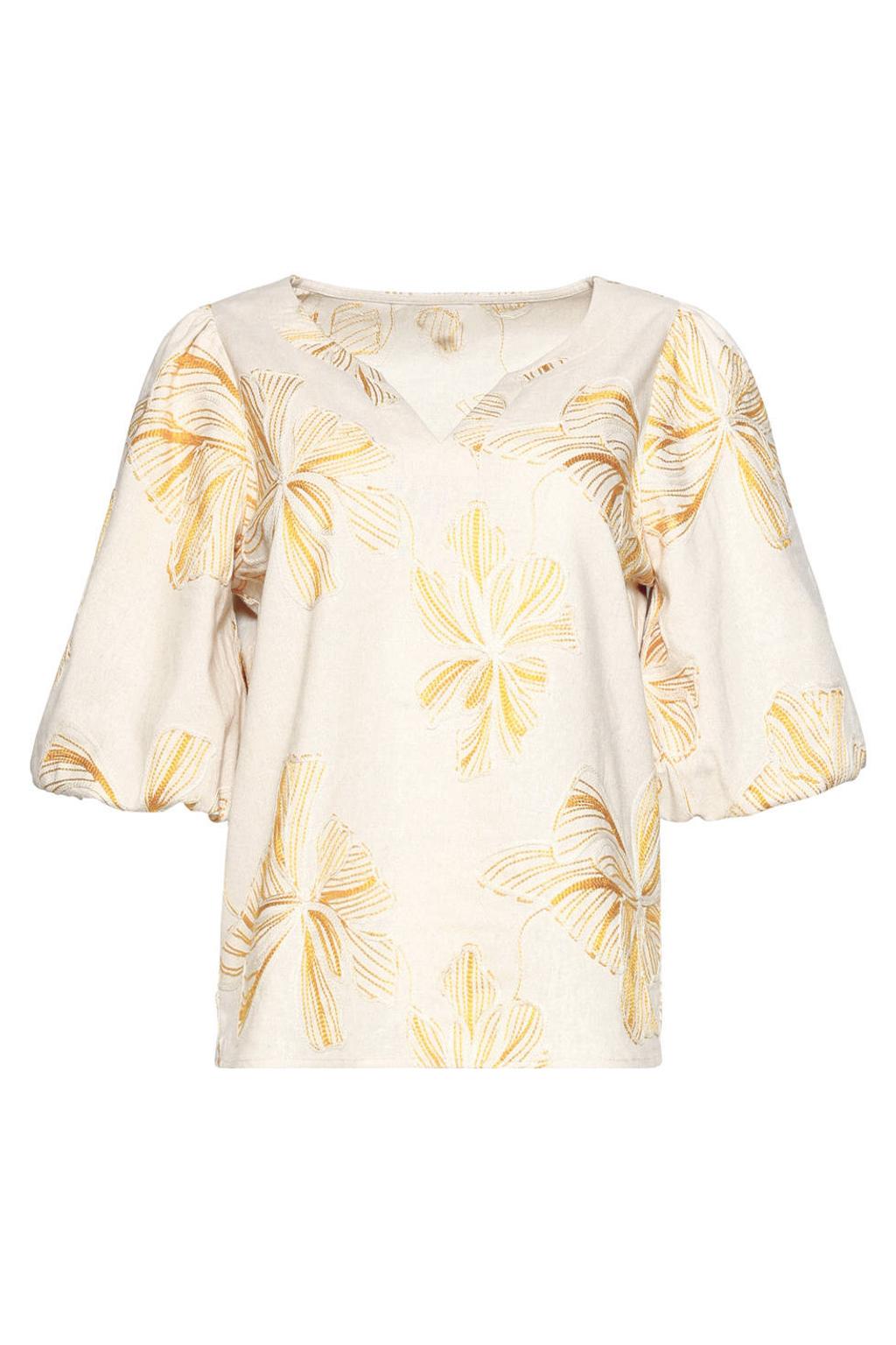 Geel en beige dames Smashed Lemon gebloemde blousetop van linnen met korte mouwen, V-hals en borduursels