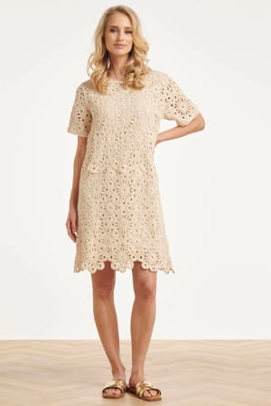 gebloemde korte cocktailjurk beige