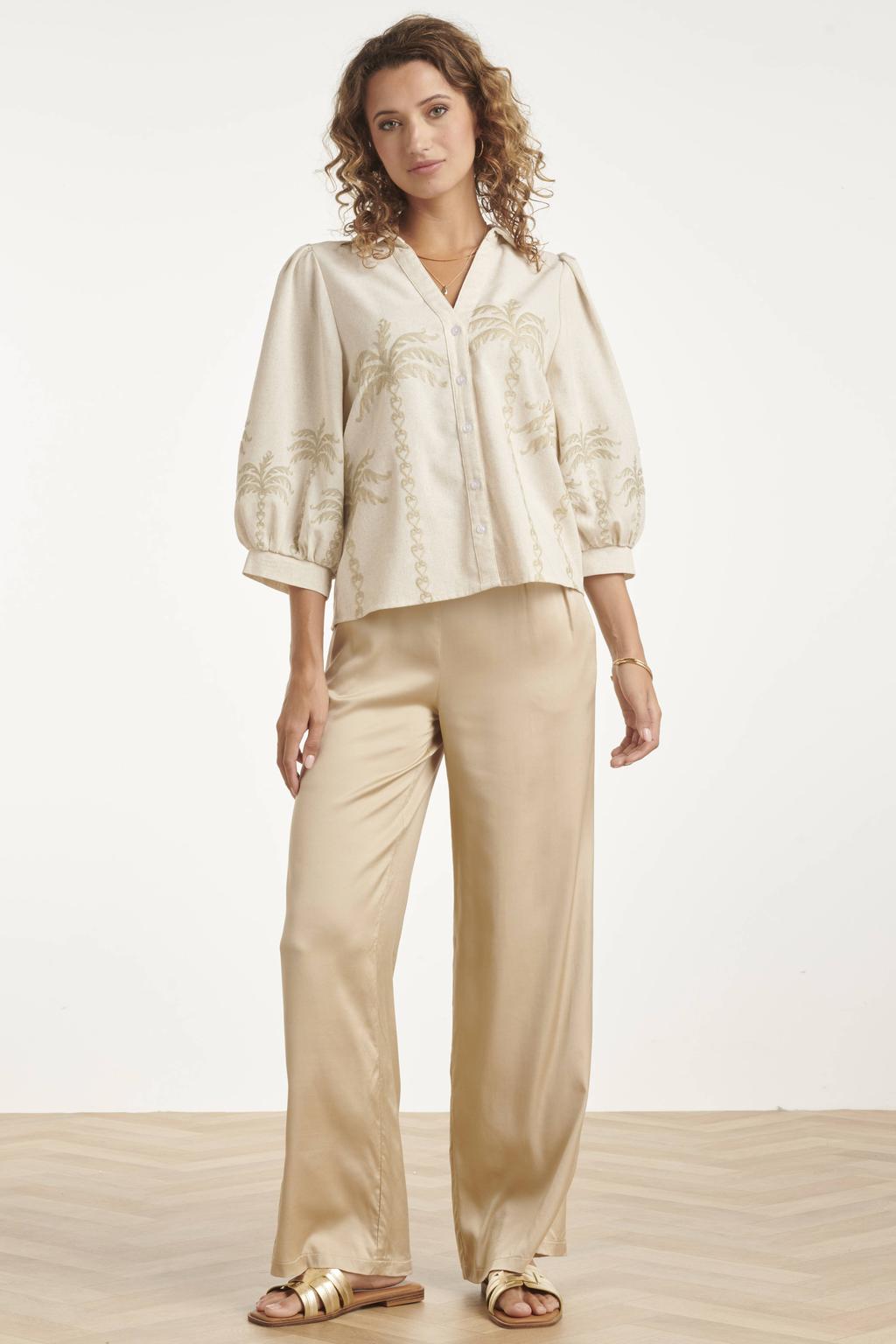 Beige dames Smashed Lemon gebloemde blouse van viscose met half lange mouwen, V-hals en knoopsluiting