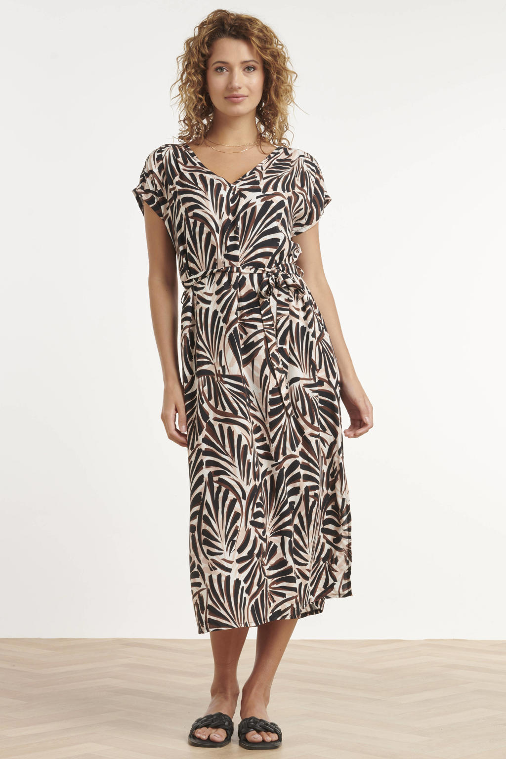 Multikleurige dames Smashed Lemon zomerjurk van viscose met korte mouwen, V-hals en striksluiting