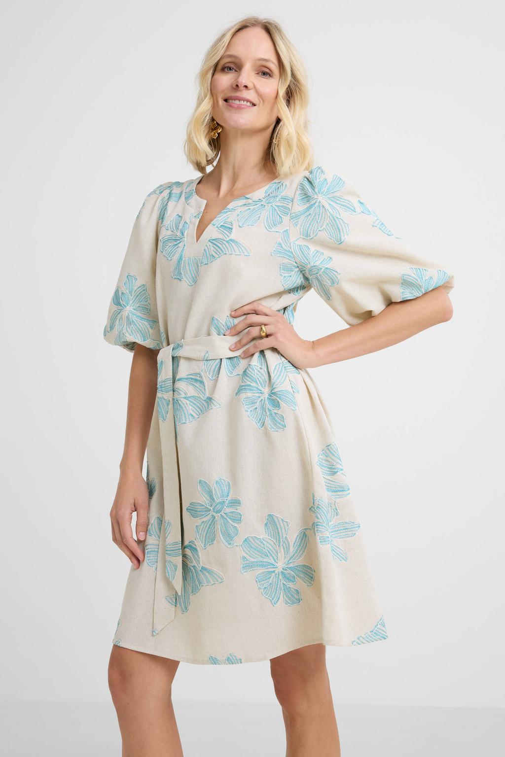 Ecru en blauwe dames Smashed Lemon linnen gebloemde cocktailjurk met korte mouwen en V-hals