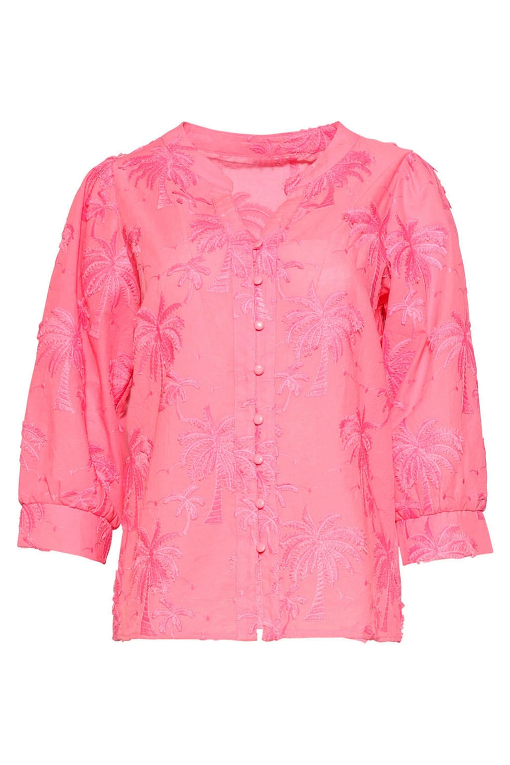 Roze dames Smashed Lemon blouse van katoen met driekwart mouwen, mao kraag en knoopsluiting