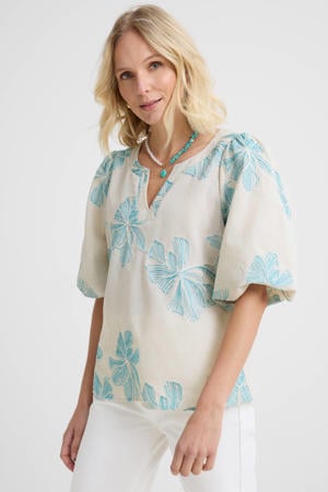 gebloemde blousetop ecru/blauw