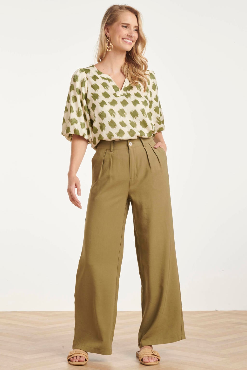 Groene dames Smashed Lemon blousetop van polyester met half lange mouwen en V-hals