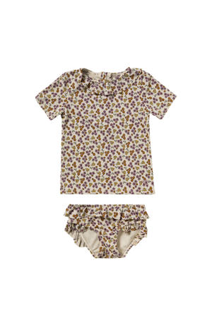 zwemshirt + bikinibroekje ecru/paars/bruin