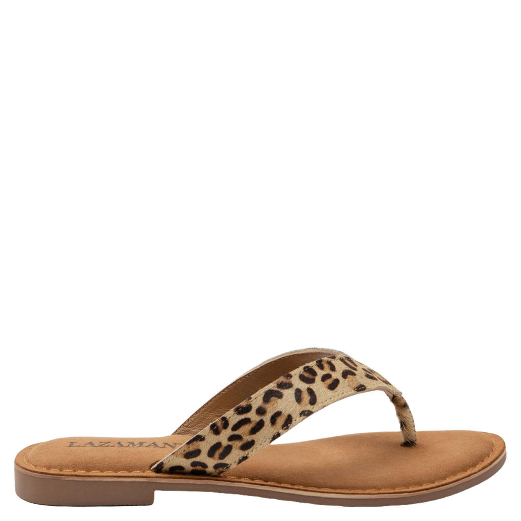 Beige en zwarte dames Lazamani Jule teenslippers met panterprint