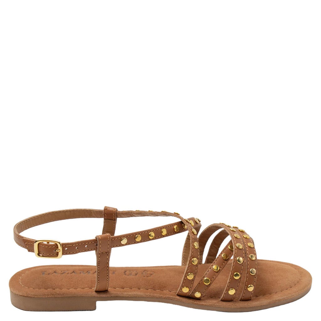 Cognackleurige dames Lazamani Tova leren sandalen met gesp