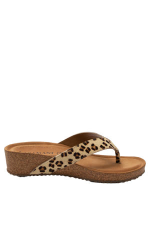 Leia teenslippers met sleehak en panterprint beige/zwart