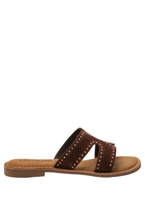 Lina suède slippers met studs bruin