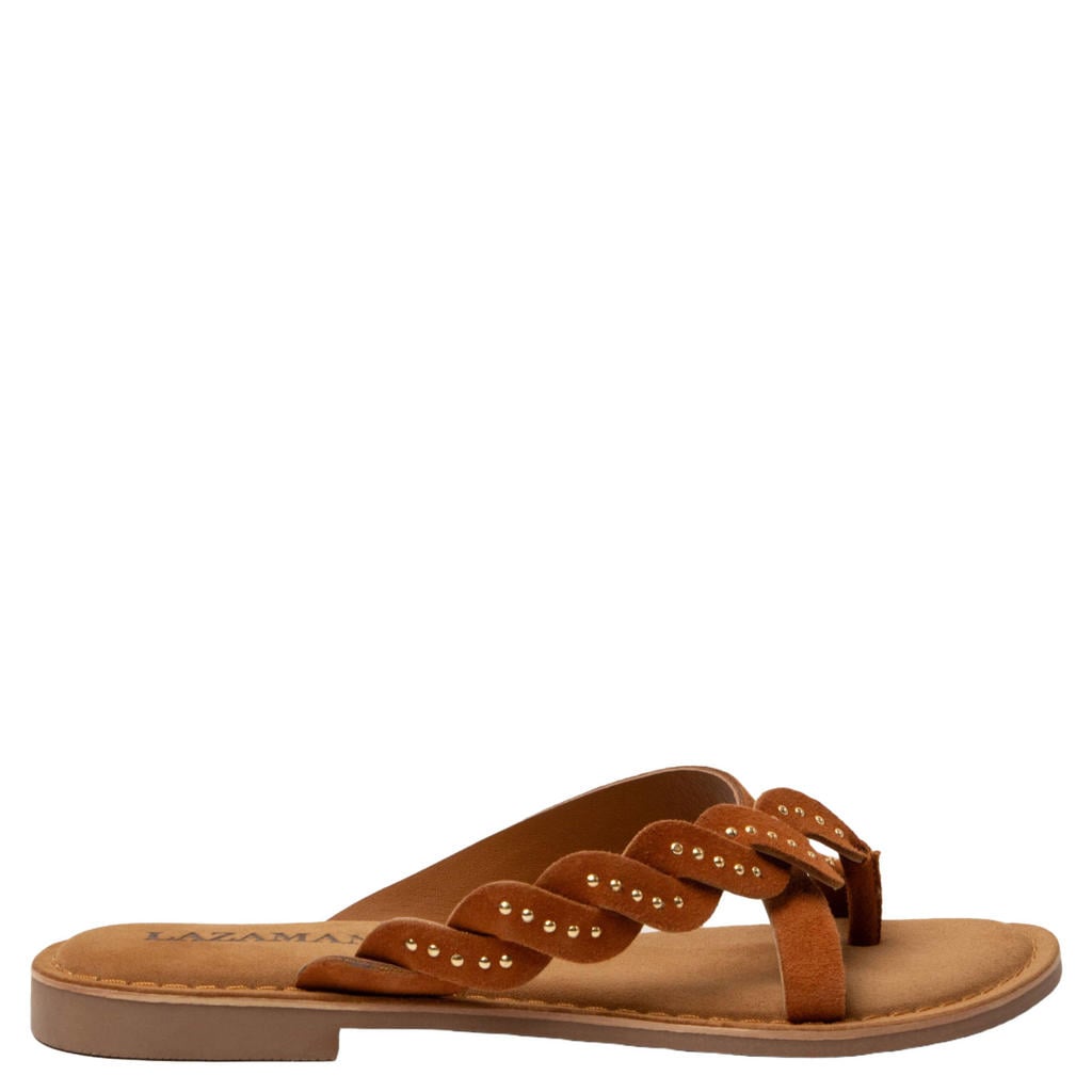 Cognackleurige dames Lazamani Lena suède slippers met studs