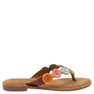 Loua leren teenslippers met kraaltjes cognac/pastel