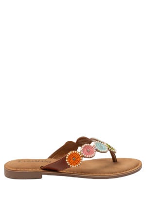 Loua leren teenslippers met kraaltjes cognac/pastel
