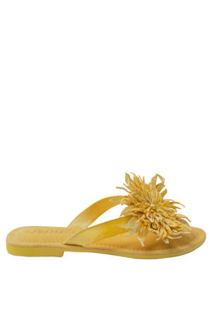 leren teenslippers met 3d applicatie geel