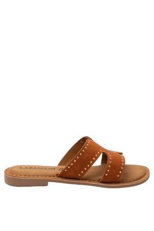 Lina suède slippers met studs cognac