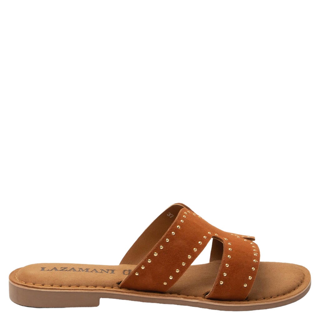 Cognackleurige dames Lazamani Lina suède slippers met studs