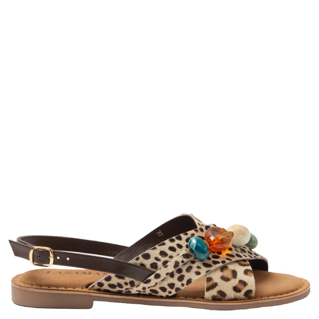 Beige en bruine dames Lazamani Marika sandalen van leer met ponyhair met gesp en panterprint