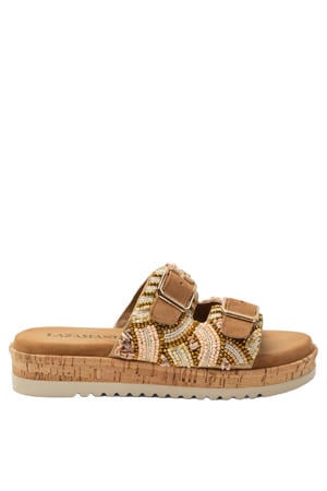 Ragna suède slippers met plateauzool en kraaltjes cognac