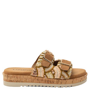 Ragna suède slippers met plateauzool en kraaltjes cognac